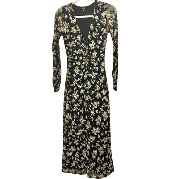 AFRM Tezza Black & Yellow Floral Ruched Mesh Bodycon Midi Dress XS - Picture 2 of 9
